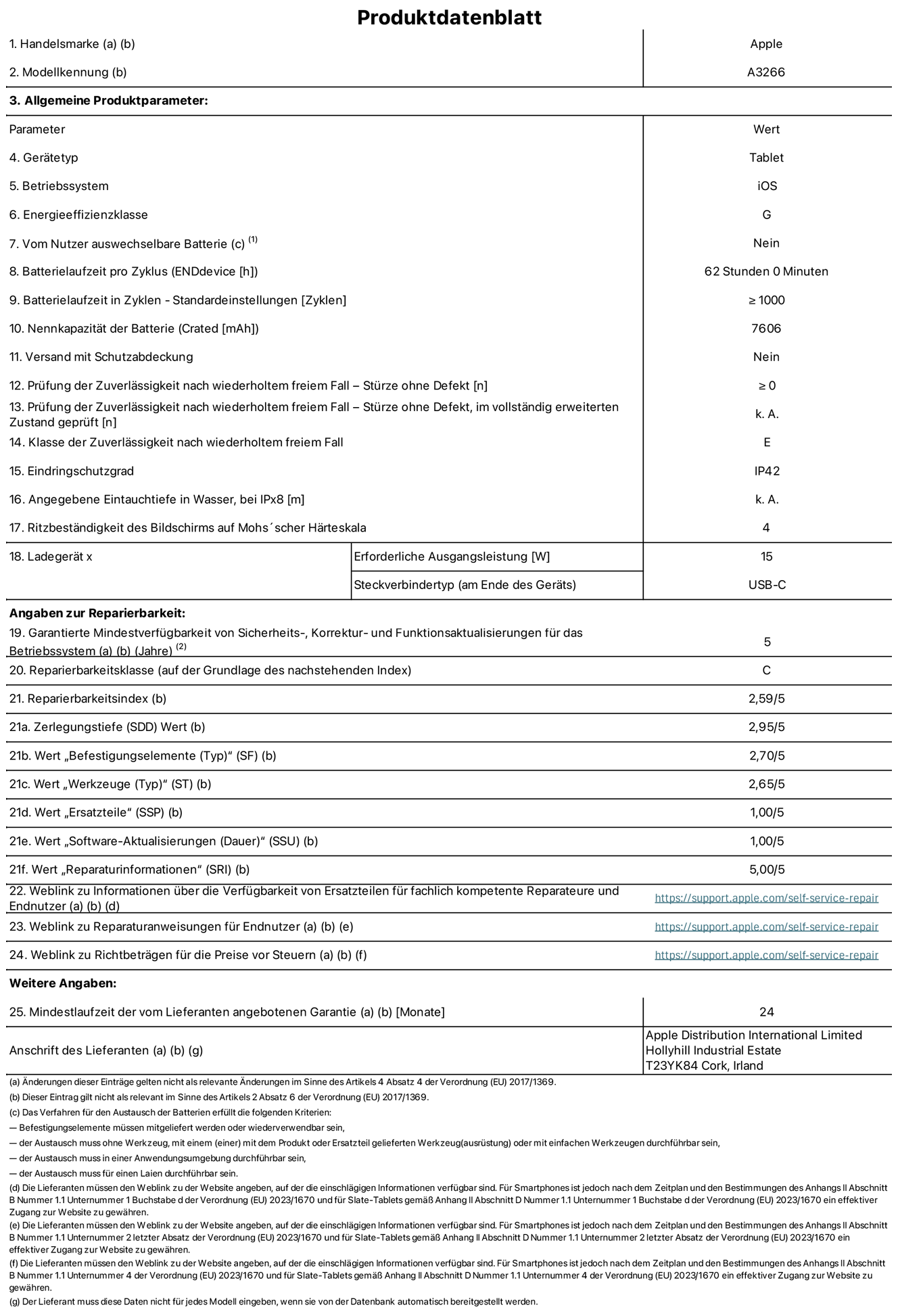 Produktinformationsblatt für 11" iPad Air Wi‑Fi. Modell A3266. Bereitgestellt von Apple UK Ltd, 100 New Bridge Street, London EC4V 6JA. Gerätetyp: Tablet. Betriebssystem: iOS. Energieeffizienzklasse für Standard-Dynamikbereich: G. Batterielaufzeit 62 Stunden. Batterielaufzeit in Zyklen: ≥ 1000. Nennkapazität der Batterie: 7606 mAh. Prüfung der Zuverlässigkeit nach wiederholtem freiem Fall – Stürze ohne Defekt: ≥ 0. Klasse der Zuverlässigkeit nach wiederholtem freiem Fall: E. Eindringschutzgrad: IP42. Ritzbeständigkeit des Displays auf Mohs’scher Härteskala: 4. Erforderliche Ausgangsleistung des Ladegeräts: 15W. Anschluss Ladegerät: USB‑C. Garantierte Mindestverfügbarkeit von Sicherheits‑, Korrektur‑ und Funktionsaktualisierungen für das Betriebssystem: 5 Jahre. Reparierbarkeitsklasse: C. Reparierbarkeitsindex: 2,59/5. Wert „Zerlegungstiefe“: 2,95/5. Wert „Befestigungselemente (Typ)“: 2,70/5. Wert „Werkzeuge“: 2,65/5. Wert „Ersatzteile“: 1,00/5. Wert „Software-Aktualisierungen“: 1,00/5. Wert „Reparaturinformationen“: 5,00/5. Weblink zu Informationen über die Verfügbarkeit von Ersatzteilen für fachlich kompetente Reparateure und Endnutzer: https://support.apple.com/self-service-repair. Weblink zu Reparaturanweisungen für Endnutzer: https://support.apple.com/self-service-repair. Weblink zu Richtbeträgen für die Preise vor Steuern: https://support.apple.com/self-service-repair. 24 Monate angebotene allgemeine Garantie.