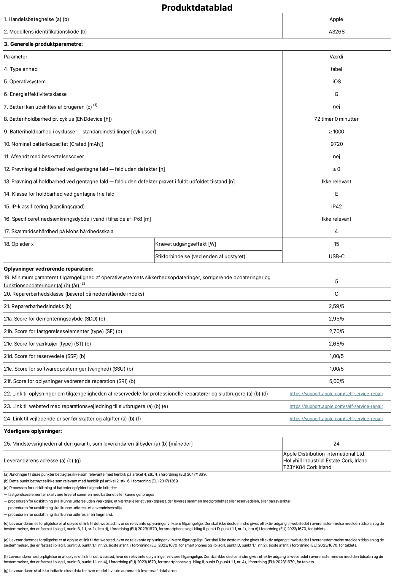 Produktdatablad til 13" iPad Air Wi-Fi. Model A3268. Leveret af Apple UK Ltd, 100 New Bridge Street, London EC4V 6JA. Enhedstype: tablet. Styresystem: iOS. Energieffektivitetsklasse for standard dynamikområde: G. Batterilevetid: 72 timer. Batterilevetid i cyklusser: ≥ 1000. Nominel batterikapacitet: 9720 mAh. Holdbarhedstest ved gentagne fald – fald uden defekt: ≥ 0. Holdbarhedsklasse ved gentagne fald: E. Kapslingsklasse: IP42. Skærmens ridsefasthed på Mohs' hårdhedsskala: 4. Påkrævet udgangseffekt for oplader: 15 W. Opladerstiktype: USB-C. Garanteret minimumsperiode for tilgængelighed af sikkerhedsopdateringer, fejlrettelser og funktionsopdateringer til styresystemet: 5 år. Reparerbarhedsklasse: C. Reparationsindeks: 2,59/5. Antal point for demonteringsdybde: 2,95/5. Antal point for fastgørelseselementer (type): 2,70/5. Antal point for værktøj: 2,65/5. Antal point for reservedele: 1,00/5. Antal point for softwareopdateringer: 1,00/5. Antal point for softwareopdateringer: 1,00/5. Antal point for reparationsoplysninger: 5,00/5. Weblink til oplysninger om tilgængeligheden af reservedele for professionelle reparatører og slutbrugere: https://support.apple.com/self-service-repair. Weblink til vejledning i reparation for slutbrugere: https://support.apple.com/self-service-repair. Weblink til vejledende priser før skatter og afgifter: https://support.apple.com/self-service-repair. Produktet er omfattet af 24 måneders garanti.