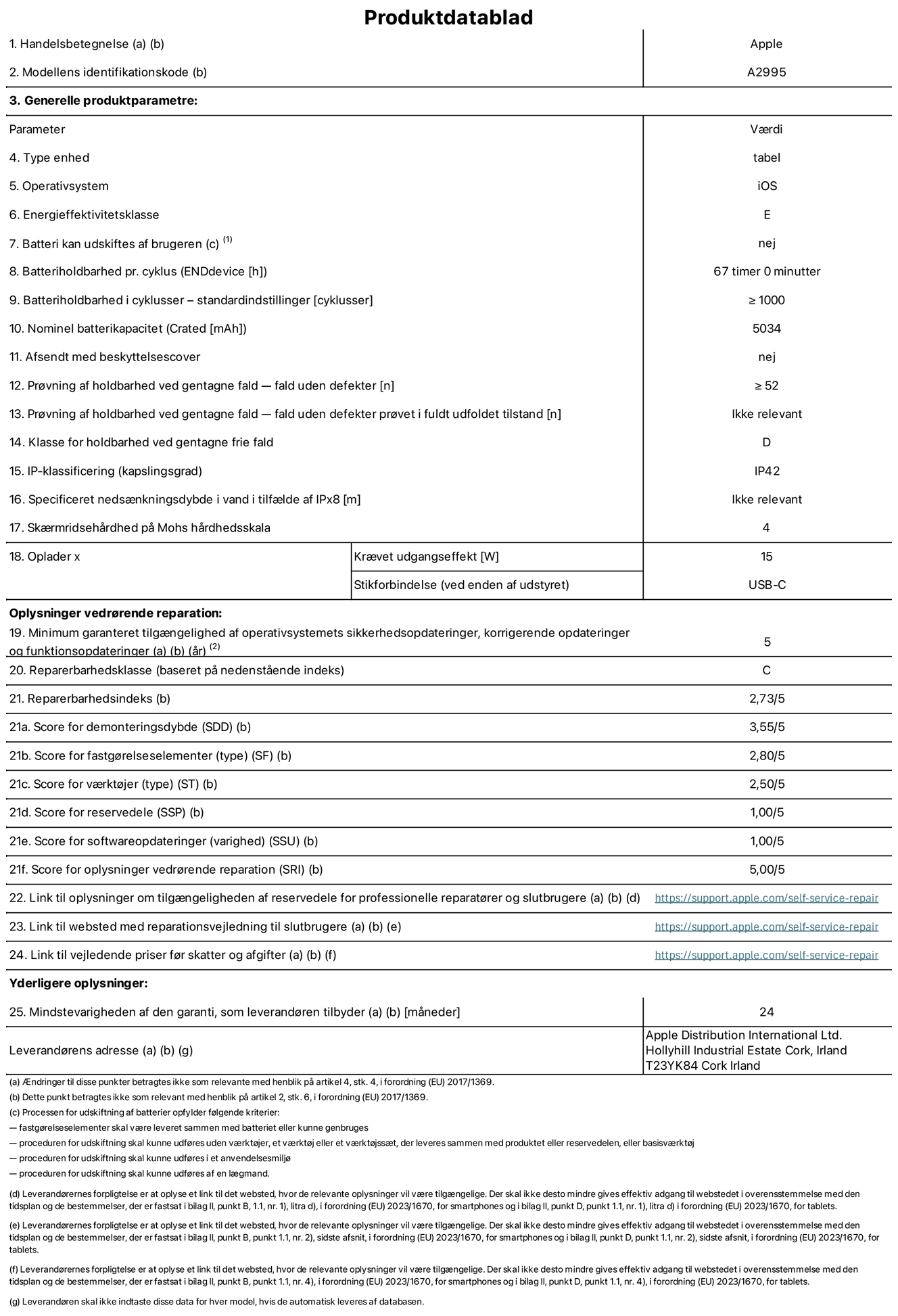 Produktdatablad til iPad mini Wi-Fi + Cellular, model A2995. Leveret af Apple Distribution International Ltd, Hollyhill Industrial Estate. Cork, Irland T23 YK84. Enhedstype: tablet. Styresystem: iOS. Energieffektivitetsklasse: E. Batteri kan udskiftes af brugeren: nej. Batteritid: 67 timer. Batterilevetid i cyklusser: ≥ 1000. Nominel batterikapacitet: 5034 mAh. Holdbarhedstest ved gentagne fald – fald uden defekt: ≥ 52. Holdbarhedsklasse ved gentagne fald: D. Kapslingsklasse: IP42. Skærmens ridsefasthed på Mohs' hårdhedsskala: 4. Påkrævet udgangseffekt for oplader: 15 W. Opladerstiktype: USB-C. Garanteret minimumsperiode for tilgængelighed af sikkerhedsopdateringer, fejlrettelser og funktionsopdateringer til styresystemet: 5 år. Reparerbarhedsklasse: C. Reparationsindeks: 2,73/5. Antal point for demonteringsdybde: 3,55/5. Antal point for fastgørelseselementer: 2,80/5. Antal point for værktøj: 2,50/5. Antal point for reservedele: 1,00/5. Antal point for softwareopdateringer: 1,00/5. Antal point for reparationsoplysninger: 5,00/5. Weblink til oplysninger om tilgængeligheden af reservedele for professionelle reparatører og slutbrugere: https://support.apple.com/self-service-repair. Weblink til vejledning i reparation for slutbrugere: https://support.apple.com/self-service-repair. Weblink til vejledende priser før skatter og afgifter: https://support.apple.com/self-service-repair. Produktet er omfattet af 24 måneders garanti.