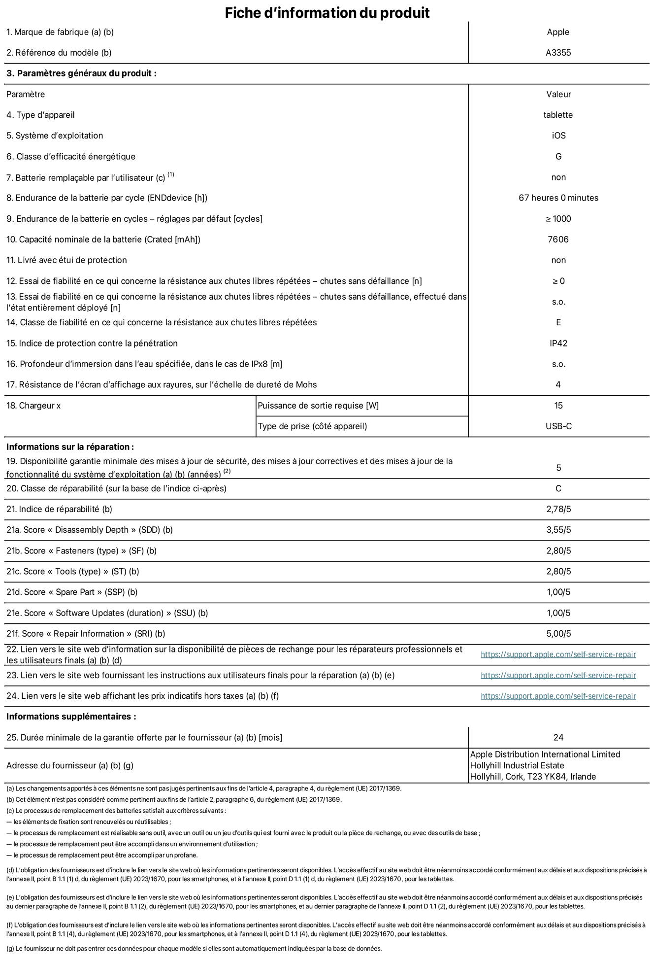Fiche d’informations produit de l’iPad Wi‑Fi + Cellular, modèle A3355. Fournie par Apple Distribution International Ltd, Hollyhill Industrial Estate. Cork, T23 YK84, Irlande Type d’appareil : tablette. Système d’exploitation : iOS. Classe d’efficacité énergétique : G. Batterie remplaçable par l’utilisateur : non. Endurance de la batterie : 67 heures. Endurance de la batterie en cycles : ≥ 1 000. Capacité nominale de la batterie : 7 606 mAh. Essai de fiabilité en ce qui concerne la résistance aux chutes libres répétées – chutes sans défaillance : ≥ 0. Classe de fiabilité en ce qui concerne la résistance aux chutes libres répétées : E. Indice de protection contre la pénétration : IP42. Résistance de l’écran d’affichage aux rayures sur l’échelle de dureté de Mohs : 4. Puissance de sortie requise du chargeur : 15 W. Type de prise : USB‑C. Disponibilité garantie minimale des mises à jour de sécurité, des mises à jour correctives et des mises à jour de la fonctionnalité du système d’exploitation : 5 ans. Classe de réparabilité : C. Indice de réparabilité : 2,78/5. Score pour la profondeur de désassemblage : 3,55/5. Score pour les éléments de fixation : 2,80/5. Score pour les outils : 2,80/5. Score pour les pièces de rechange : 1,00/5. Score pour les mises à jour logicielles : 1,00/5. Score pour les informations de réparation : 5,00/5. Lien vers le site web d’information sur la disponibilité des pièces de rechange pour les réparateurs professionnels et les utilisateurs finaux : https://support.apple.com/self-service-repair. Lien vers le site web fournissant les instructions aux utilisateurs finaux pour la réparation : https://support.apple.com/self-service-repair. Lien vers le site web affichant les prix indicatifs hors taxes : https://support.apple.com/self-service-repair. Garantie générale de 24 mois offerte.