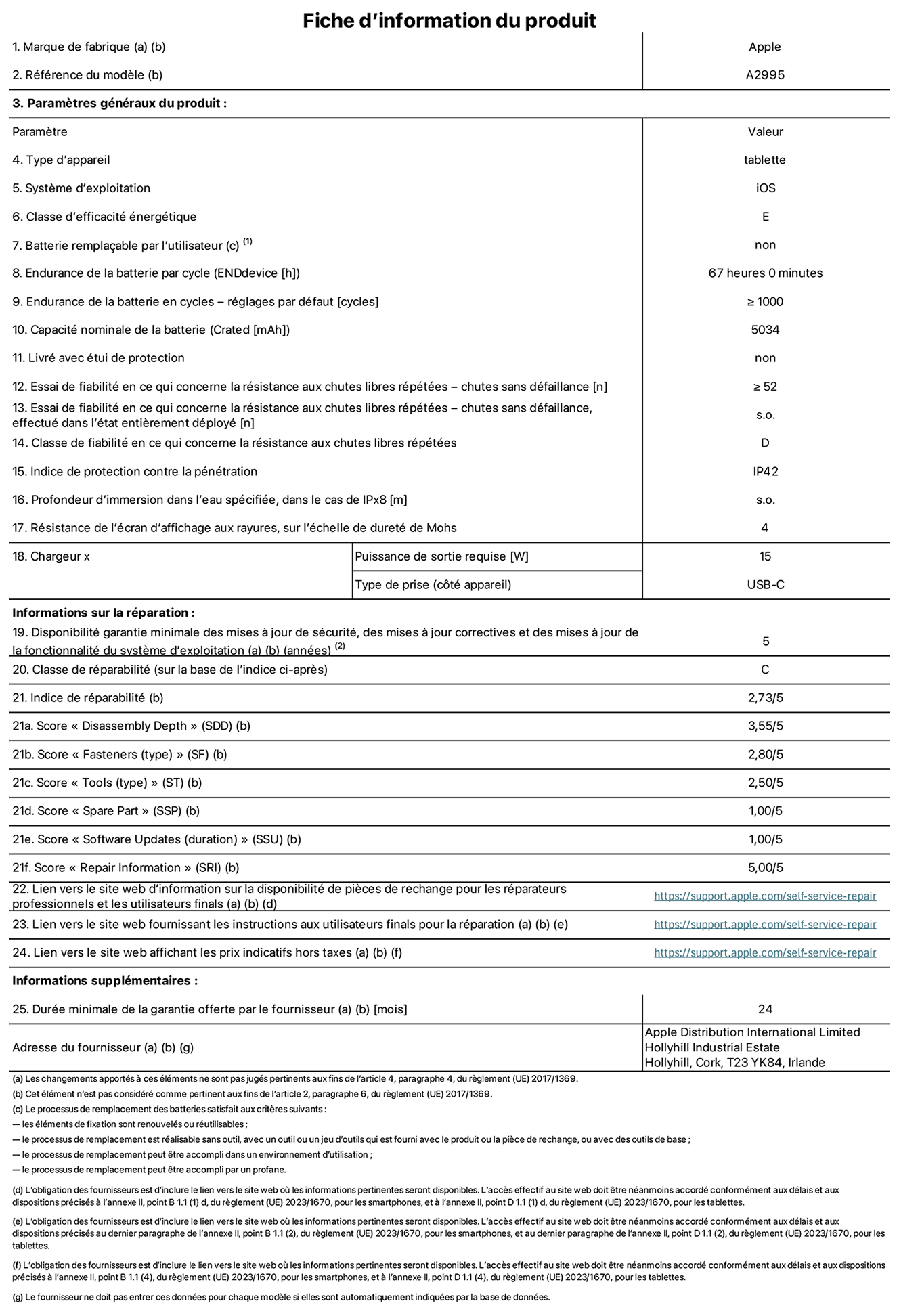 Fiche d’informations produit de l’iPad mini Wi‑Fi + Cellular, modèle A2995. Fournie par Apple Distribution International Ltd, Hollyhill Industrial Estate. Cork, T23 YK84, Irlande Type d’appareil : tablette. Système d’exploitation : iOS. Classe d’efficacité énergétique : E. Batterie remplaçable par l’utilisateur : non. Endurance de la batterie : 67 heures. Endurance de la batterie en cycles : supérieure ou égale à 1 000. Capacité nominale de la batterie : 5 034 mAh. Essai de fiabilité en ce qui concerne la résistance aux chutes libres répétées – chutes sans défaillance : supérieur ou égal à 52. Classe de fiabilité en ce qui concerne la résistance aux chutes libres répétées : D. Indice de protection contre la pénétration : IP42. Résistance de l’écran d’affichage aux rayures sur l’échelle de dureté de Mohs : 4. Puissance de sortie requise du chargeur : 15 W. Type de prise : USB‑C. Disponibilité garantie minimale des mises à jour de sécurité, des mises à jour correctives et des mises à jour de la fonctionnalité du système d’exploitation : 5 ans. Classe de réparabilité : C. Indice de réparabilité : 2,73/5. Score pour la profondeur de désassemblage : 3,55/5. Score pour les éléments de fixation : 2,80/5. Score pour les outils : 2,50/5. Score pour les pièces de rechange : 1,00/5. Score pour les mises à jour logicielles : 1,00/5. Score pour les informations de réparation : 5,00/5. Lien vers le site web d’information sur la disponibilité des pièces de rechange pour les réparateurs professionnels et les utilisateurs finaux : https://support.apple.com/self-service-repair. Lien vers le site web fournissant les instructions aux utilisateurs finaux pour la réparation : https://support.apple.com/self-service-repair. Lien vers le site web affichant les prix indicatifs hors taxes : https://support.apple.com/self-service-repair. Garantie générale de 24 mois offerte.