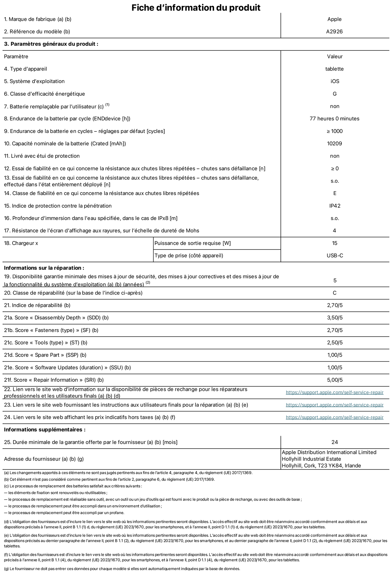 Fiche d’informations produit de l’iPad Pro 13 pouces Wi‑Fi + Cellular, modèle A2926. Fournie par Apple UK Ltd, 100 New Bridge Street, Londres EC4V 6JA. Type d’appareil : tablette. Système d’exploitation : iOS. Classe d’efficacité énergétique en plage dynamique standard : G. Endurance de la batterie : 77 heures. Endurance de la batterie en cycles : ≥ 1000. Capacité nominale de la batterie : 10 209 mAh. Essai de fiabilité en ce qui concerne la résistance aux chutes libres répétées – chutes sans défaillance : ≥ 0. Classe de fiabilité en ce qui concerne la résistance aux chutes libres répétées : E. Indice de protection contre la pénétration : IP42. Résistance de l’écran d’affichage aux rayures sur l’échelle de dureté de Mohs : 4. Puissance de sortie requise du chargeur : 15 W. Type de prise : USB‑C. Disponibilité garantie minimale des mises à jour de sécurité, des mises à jour correctives et des mises à jour de la fonctionnalité du système d’exploitation : 5 ans. Classe de réparabilité : C. Indice de réparabilité : 2,70/5. Score pour la profondeur de désassemblage : 3,50/5. Score pour les éléments de fixation (type) : 2,70/5. Score pour les outils : 2,50/5. Score pour les pièces de rechange : 1,00/5. Score pour les mises à jour logicielles : 1,00/5. Score pour les informations de réparation : 5,00/5. Lien vers le site web d’information sur la disponibilité des pièces de rechange pour les réparateurs professionnels et les utilisateurs finaux : https://support.apple.com/self-service-repair. Lien vers le site web fournissant les instructions aux utilisateurs finaux pour la réparation : https://support.apple.com/self-service-repair. Lien vers le site web affichant les prix indicatifs hors taxes : https://support.apple.com/self-service-repair. Garantie générale de 24 mois offerte.