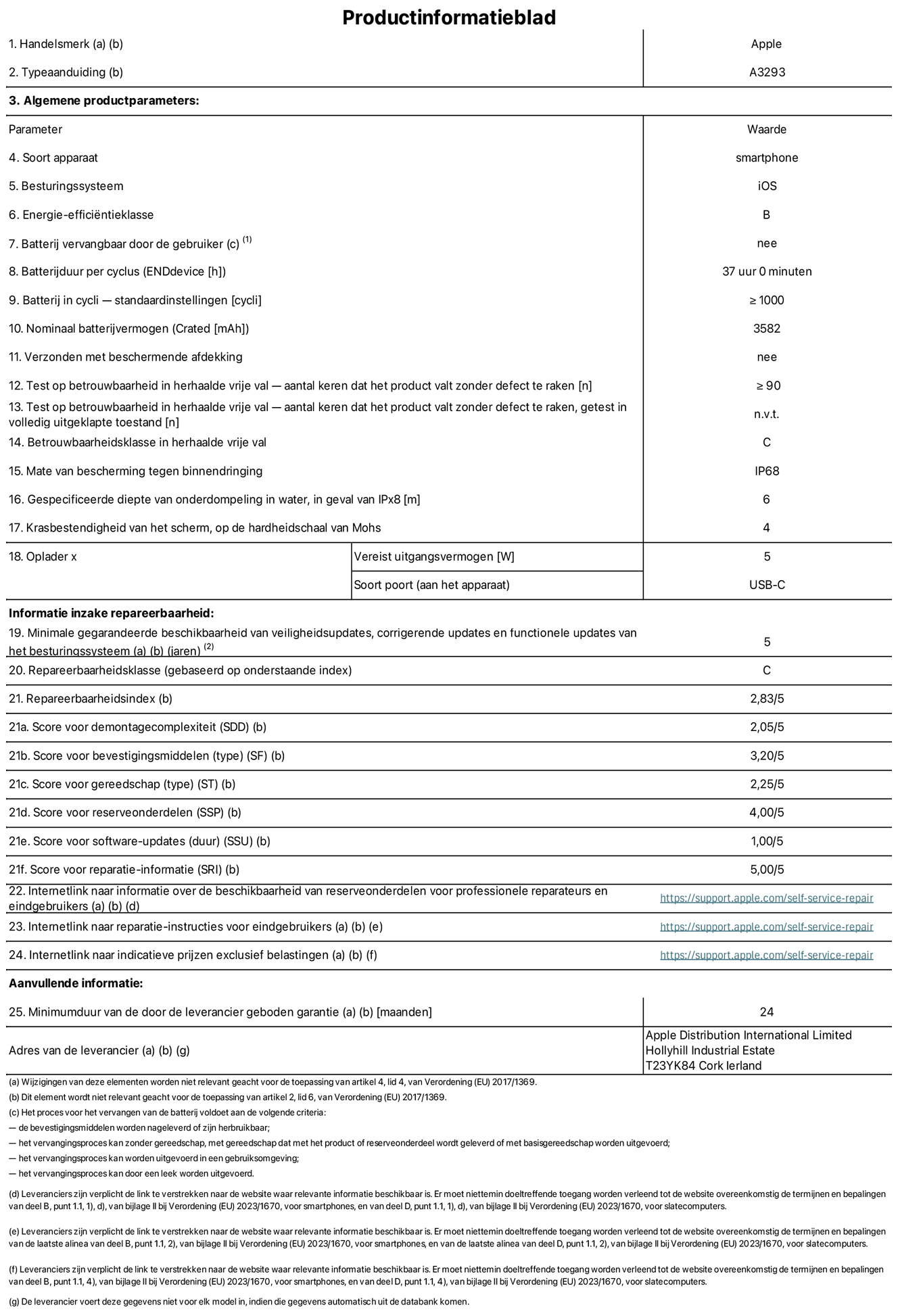 Productinformatieblad voor iPhone 16 Pro, model A3293. Verstrekt door Apple Distribution International Limited, Hollyhill Industrial Estate. Cork, Ierland T23 YK84. Type device: smartphone. Besturingssysteem: iOS. Energie-efficiëntieklasse: B. Batterij door de gebruiker te vervangen: nee. Batterijduur per cyclus: 37 uur. Batterijduur in cycli, standaardinstellingen: ≥ 1000. Nominale batterijcapaciteit: 3582 mAh. Geleverd met beschermhoes: nee. Herhaalde betrouwbaarheidstest voor vrije val, valt zonder defect: ≥ 90. Herhaalde betrouwbaarheidstest voor vrije val, valpartijen zonder defect getest in volledig verlengde staat: niet van toepassing. Herhaalde vrije val in betrouwbaarheidsklasse: C. Beschermingsklasse: IP68. Gespecificeerde dompeldiepte van water, in het geval van iPx8: 6. Krasbestendigheid van het scherm op de hardheidsschaal van Mohs: 4. Uitgangsvermogen vereist voor oplader: 5W. Type opladeraansluiting (aan het uiteinde van het apparaat): USB-C. Minimale gegarandeerde beschikbaarheid van beveiligingsupdates van het besturingssysteem, corrigerende updates en functionaliteitsupdates: 5 jaar. Herstelbaarheidsklasse: C. Herstelbaarheidsindex: 2,83/5. Score demontagediepte (SDD): 2,05/5. Score sluitingen: 3,20/5. Gereedschapsscore: 2,25/5. Reservedeelscore: 4,00/5. Score software-updates: 1,00/5. Score reparatiegegevens: 5,00/5. Weblink naar informatie over de beschikbaarheid van reserveonderdelen voor professionele reparaties en eindgebruikers: https://support.apple.com/self-service-repair. Weblink voor reparatie-instructies voor eindgebruikers: https://support.apple.com/self-service-repair. Weblink naar indicatieve prijzen vóór belasting: https://support.apple.com/self-service-repair. Inclusief 24 maanden algemene garantie.