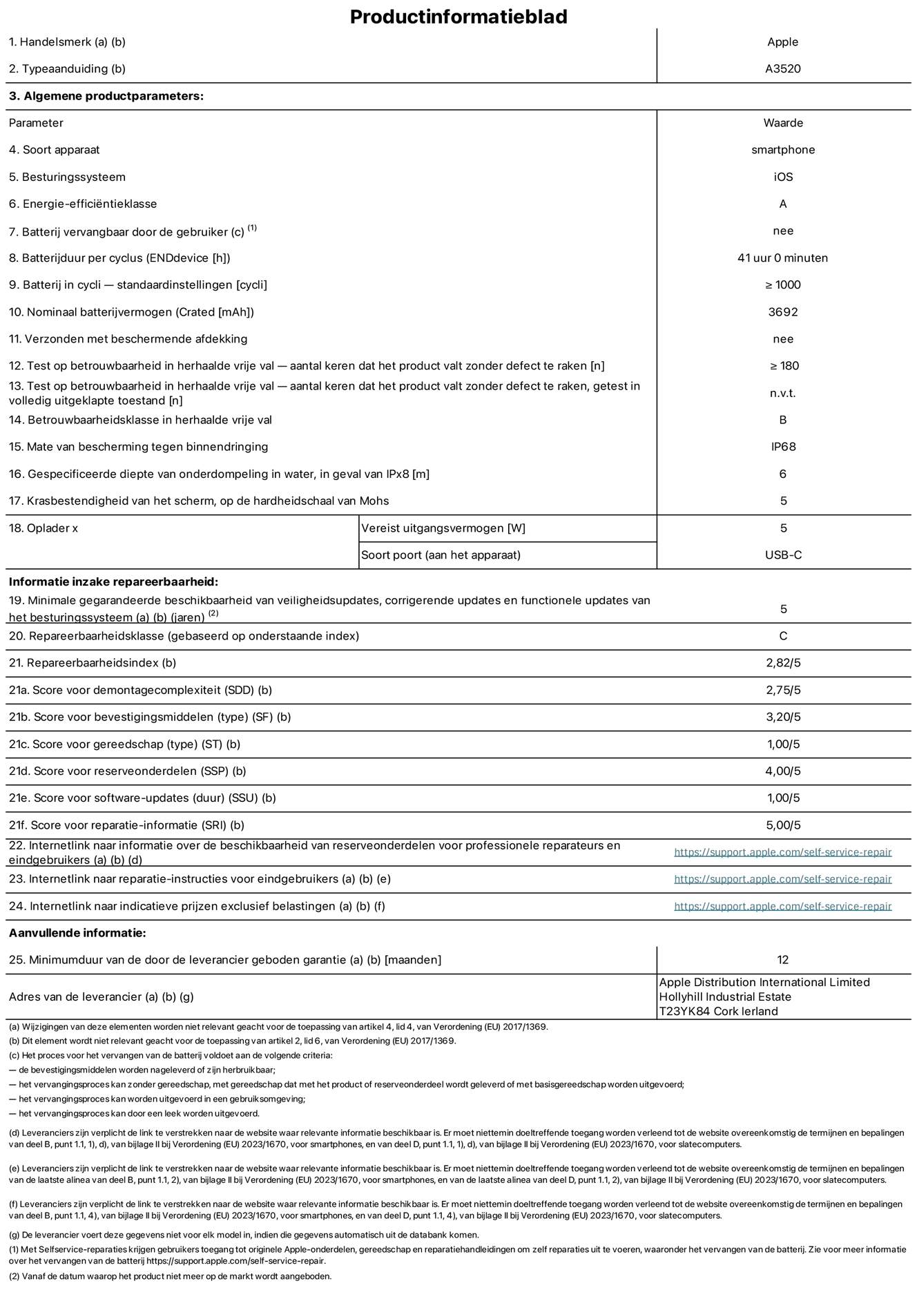 Productinformatieblad voor iPhone 17, model A3520. Verstrekt door Apple Distribution International Limited, Hollyhill Industrial Estate. Cork, Ierland, T23 YK84. Type device: smartphone. Besturingssysteem: iOS. Energie-efficiëntieklasse: A. Batterij door de gebruiker te vervangen: nee. Batterijduur per cyclus: 41 uur. Batterijduur in cycli, standaardinstellingen: groter dan of gelijk aan 1000. Nominale batterijcapaciteit: 3692 mAh. Geleverd met beschermhoesje: nee. Herhaalde betrouwbaarheidstest voor vrije val, valpartijen zonder defect: groter dan of gelijk aan 180. Herhaalde betrouwbaarheidstest voor vrije val, valpartijen zonder defect getest in volledig verlengde staat: niet van toepassing. Herhaalde vrije val in betrouwbaarheidsklasse: B. Beschermingsklasse: IP68. Gespecificeerde dompeldiepte in water, in geval van iPx8: 6 meter. Krasbestendigheid van het scherm op de hardheidsschaal van Mohs: 5. Uitgangsvermogen vereist voor oplader: 5 watt. Type opladeraansluiting (aan het uiteinde van het apparaat): USB-C. Minimale gegarandeerde beschikbaarheid van beveiligingsupdates van het besturingssysteem, corrigerende updates en functionaliteitsupdates: 5 jaar. Repareerbaarheidsklasse: C. Repareerbaarheidsindex: 2,82/5. Score demontagediepte (SDD): 2,75/5. Score sluitingen: 3,20/5. Gereedschapsscore: 1,00/5. Score reserveonderdelen: 4,00/5. Score software-updates: 1,00/5. Score reparatiegegevens: 5,00/5. Weblink naar informatie over de beschikbaarheid van reserveonderdelen voor professionele reparaties en eindgebruikers: https://support.apple.com/nl-nl/self-service-repair. Weblink voor reparatie-instructies voor eindgebruikers: https://support.apple.com/nl-nl/self-service-repair. Weblink naar indicatieve prijzen vóór belasting: https://support.apple.com/self-service-repair. Inclusief 12 maanden algemene garantie.