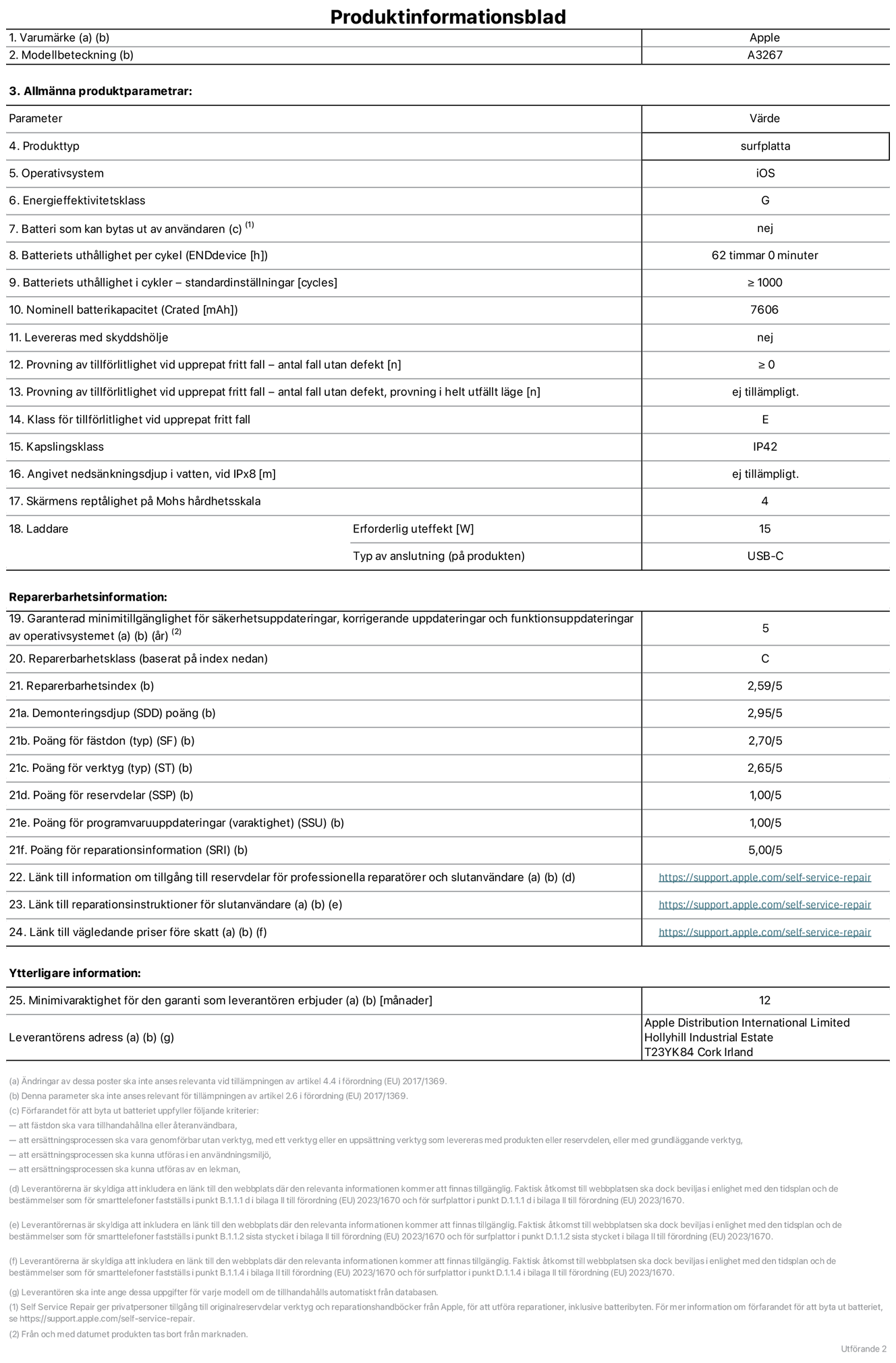 Produktinformationsblad för 11-tums iPad Air Wi-Fi + Cellular, modell A3267. Tillhandahålls av Apple UK Ltd, 100 New Bridge Street, London EC4V 6JA. Enhetstyp: surfplatta. Operativsystem: iOS. Energieffektivitetsklass för Standard Dynamic Range: G. Batteritid: 62 timmar. Batteriets livslängd i antal cykler: ≥ 1000. Nominell batterikapacitet: 7606 mAh. Tillförlitlighetstest vid upprepat fritt fall – antal fall utan defekter: ≥ 0. Tillförlitlighet vid upprepat fritt fall: klass E. IP-klass: IP42. Skärmens reptålighet enligt Mohs hårdhetsskala: 4. Laddare – uteffekt som krävs: 15 W. Typ av uttag på laddaren: usb-c. Garanterad minimiperiod för tillgång till säkerhetsuppdateringar, korrigerande uppdateringar och funktionsuppdateringar av operativsystemet: 5 år. Reparerbarhetsklass: C. Reparerbarhetsindex: 2,59/5. Poäng för demonteringsdjup: 2,95/5. Poäng för fästen (typ): 2,70/5. Poäng för verktyg: 2,65/5. Poäng för reservdelar: 1,00/5. Poäng för mjukvaruuppdateringar: 1,00/5. Poäng för reparationsinformation: 5,00/5. Länk till information om tillgängliga reservdelar för professionella reparatörer och slutanvändare: https://support.apple.com/self-service-repair. Länk till reparationsanvisningar för slutanvändare: https://support.apple.com/self-service-repair. Länk till vägledande priser före skatt: https://support.apple.com/self-service-repair. Produkten omfattas av 12 månaders garanti.