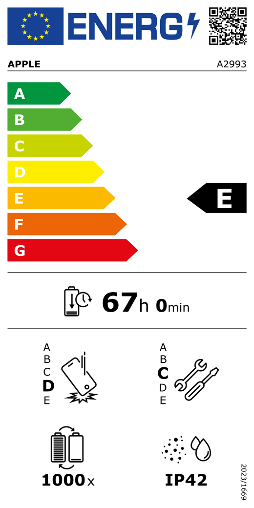 Étiquette énergétique de l’UE, code QR et informations, modèle Apple A2993, classe E, classes d’efficacité énergétique (échelle allant de A à G), A (la plus élevée) à G (la plus basse), endurance de la batterie par cycle, 67 heures et 0 minute par charge complète de la batterie, résistance aux chutes répétées de classe D, A (plus résistante) à E (moins résistante), réparabilité de classe C, A (plus réparable) à E (moins réparable), endurance de la batterie de 1 000 cycles, indice de protection IP42 pour la poussière et l’eau, règlement 2023/1669