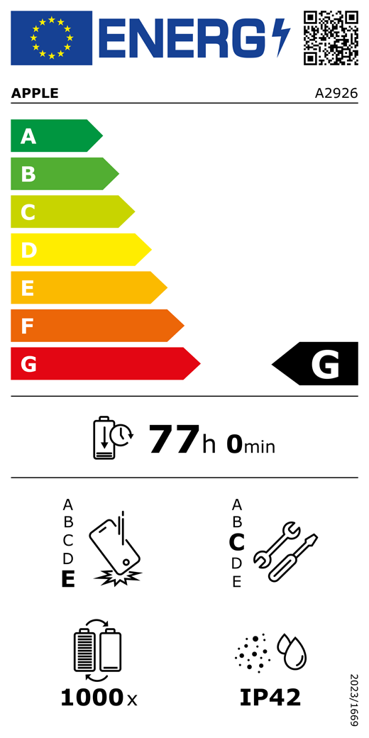 Étiquette énergétique de l’UE, code QR et informations, modèle Apple A2926, classe G, classes d’efficacité énergétique (échelle allant de A à G), A (la plus élevée) à G (la plus basse), endurance de la batterie par cycle, 77 heures et 0 minute par charge complète de la batterie, résistance aux chutes répétées de classe E, A (plus résistante) à E (moins résistante), réparabilité de classe C, A (plus réparable) à E (moins réparable), endurance de la batterie de 1 000 cycles, indice de protection IP42 pour la poussière et l’eau, règlement 2023/1669