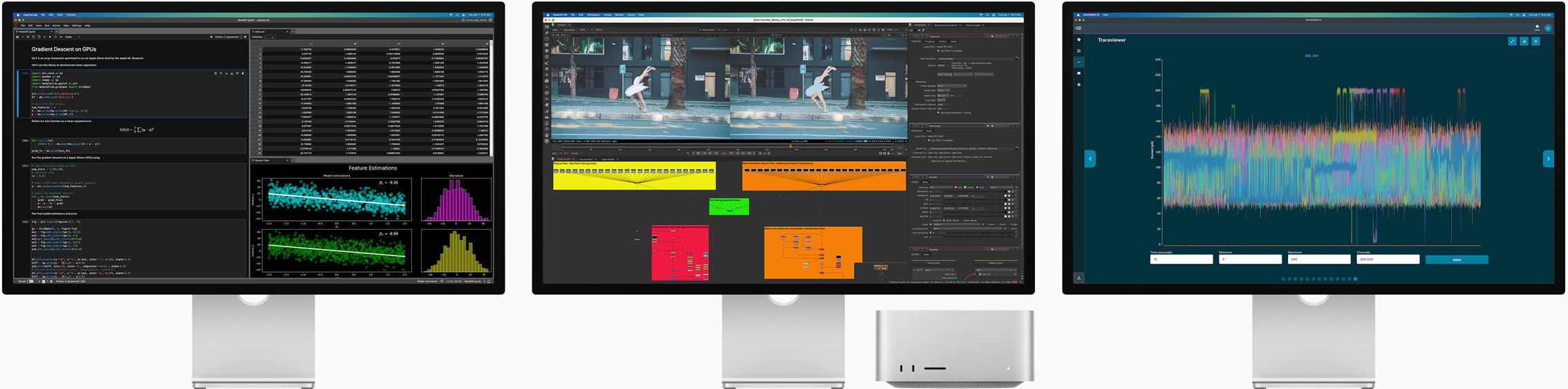 Un Mac Studio y tres Studio Display con distintas apps de macOS en pantalla