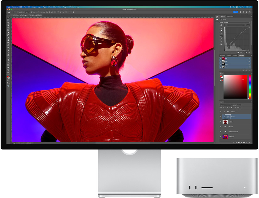 Un Studio Display y un Mac Studio juntos donde se está usando Adobe Photoshop