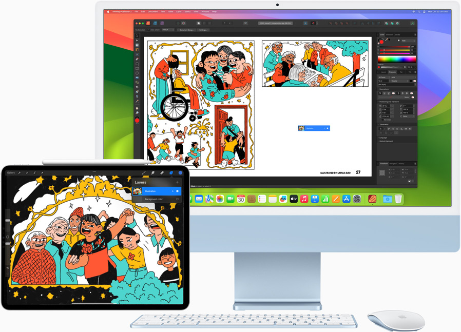 Un iPad 12,9 pollici e un iMac che mostrano un progetto creativo in corso. La finestra principale del progetto è sull’iMac, mentre l’iPad viene usato come schermo secondario.