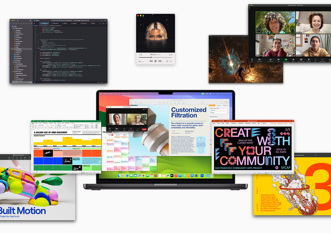 Skærme viser forskellige programmer, der kan køre med Apples chips: Xcode, Apple Music, Zoom, Excel, PowerPoint, Keynote, Adobe After Effects, Safari og en spilsoftware.
