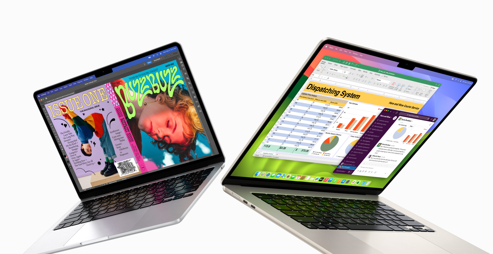 Osittain avoinna oleva 13 tuuman MacBook Air vasemmalla ja 15 tuuman MacBook Air oikealla. 13 tuuman näytöllä näkyy värikäs InDesignilla luotu lehden kansi. 15 tuuman näytöllä näkyvät Microsoft Excel ja Slack.