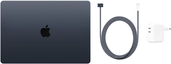 Imagen de un MacBook Air de 15 pulgadas, el cable de USB‑C a MagSafe 3 y el Adaptador de corriente con dos puertos USB‑C de 35 W