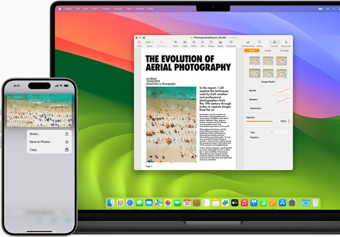 Viser en bruger, der kopierer et billede på iPhone og indsætter det i et dokument på MacBook Pro