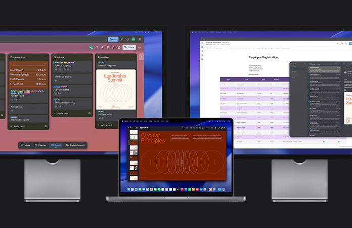 MacBook Pro collegato a due monitor Studio Display, gli schermi mostrano i materiali creati per un summit tra manager, il monitoraggio delle attività nell’app Trello, una presentazione in fase di preparazione e la verifica di alcuni file grafici spediti via email