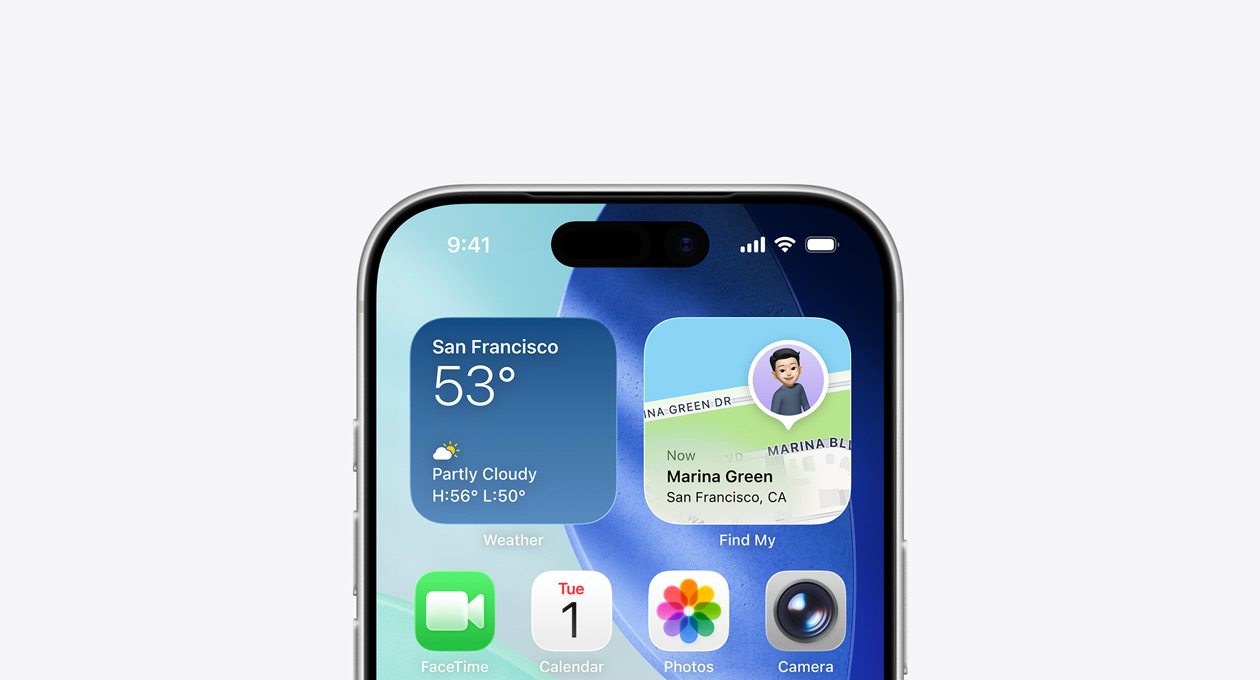 iPhone met aan de bovenkant van het scherm het Beginscherm met Weer- en Zoek Mijn-widgets in de bovenste rij