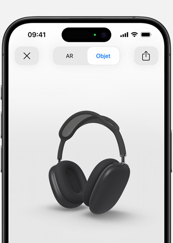 Image des AirPods Max gris sidéral en réalité augmentée sur iPhone.