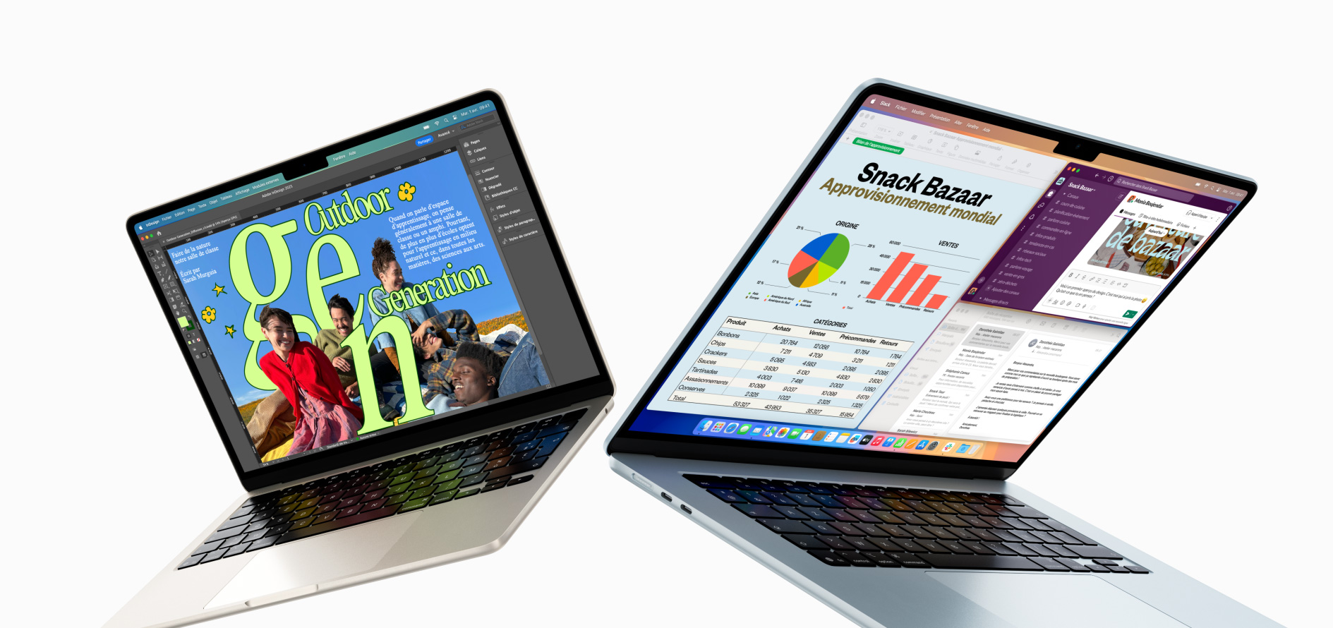 MacBook Air 13 pouces et 15 pouces partiellement ouverts — l’un des écrans montre une tâche de design en cours, l’autre montre le mode multitâche avec l’utilisation de la messagerie et de feuilles de calcul