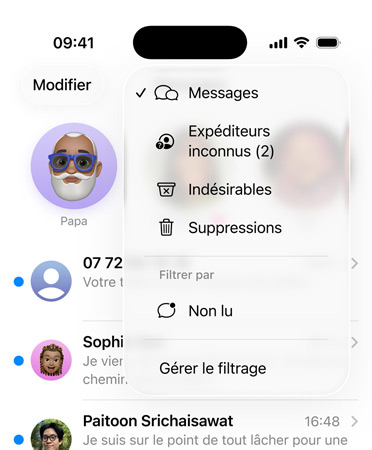 L’app Messages affiche la nouvelle fonctionnalité d’outils de filtrage, qui passe en revue les numéros inconnus dans une section appelée Expéditeurs inconnus