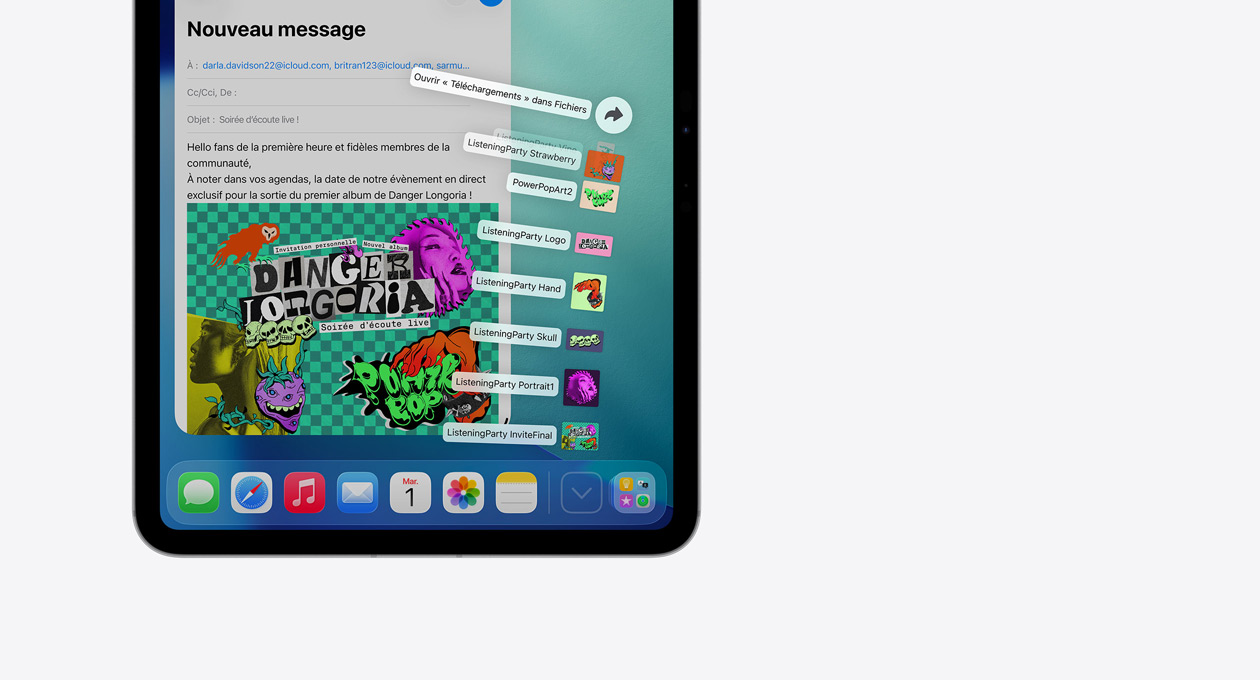 Gros plan sur les apps du Dock en bas de l’écran d’un appareil Apple, avec une série de fichiers déployés verticalement
