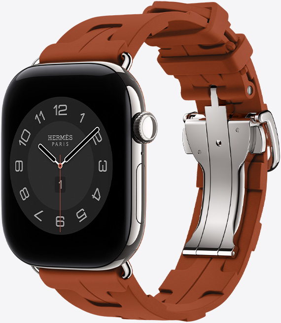 Apple Watch Hermès Series 12,Circulaire 指針錶面展示 (小時、分鐘和秒針,複雜功能包括:天氣、噪音、健身記錄圓圈及巴黎時間),銀色鈦金屬錶殼,配搭 Cuivre 銅紅色 (棕色) Kilim Single Tour 錶帶,採用模造橡膠物料,幾何結構相互扣合,配以銀色金屬錶扣,機身右側有數碼錶冠、側邊按鈕