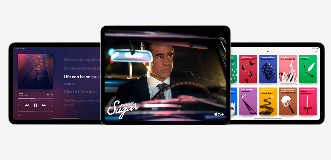 兩部 iPad Air 和一部 iPad 展示 Apple Music、Apple TV+ 和 Apple Books app。