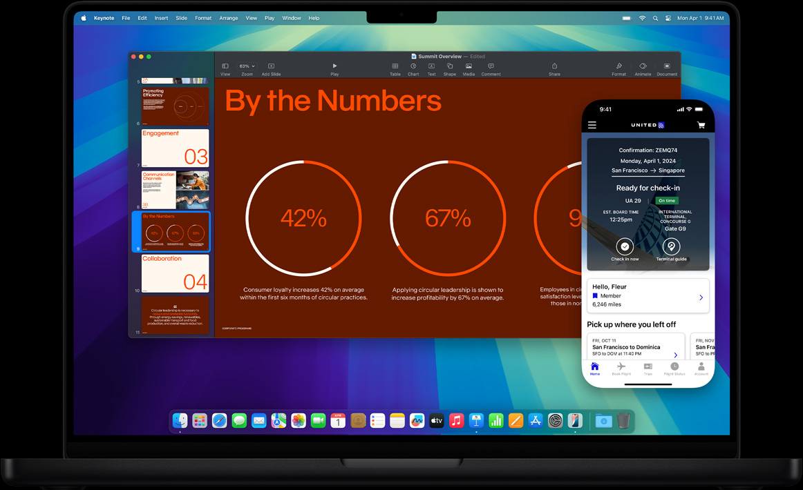 展示 iPhone 鏡像輸出功能,iPhone 的畫面出現在 MacBook Pro 的螢幕上,螢幕顯示用户正使用 Keynote app 處理簡報,與此同時,一封辦理登機手續的邀請信出現在 iPhone 的顯示螢幕上。