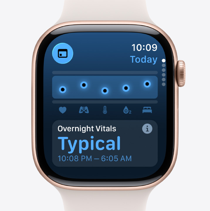 Apple Watch Series 11, casing aluminium, warna emas rose, aplikasi Tanda Vital, diagram skor kesehatan, pemberitahuan tanda vital semalaman