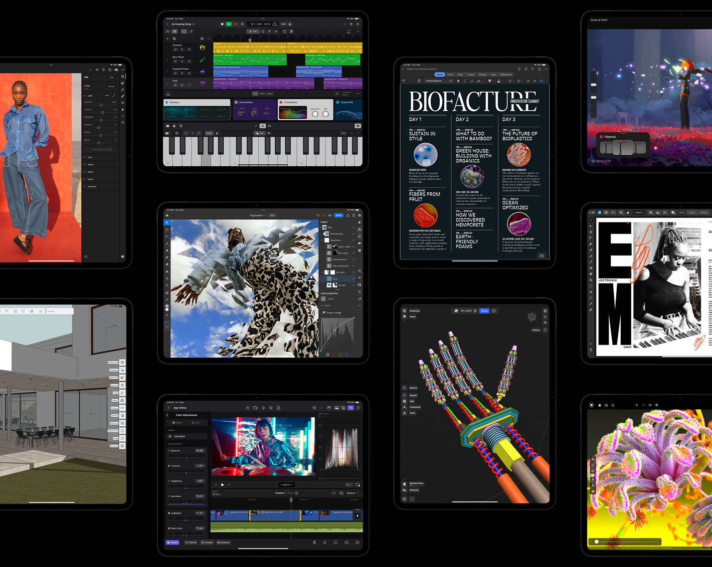 Ten iPad Pro displays showcasing different apps like - Adobe Lightroom for iPad, SketchUp, Logic Pro for iPad, Adobe Lightroom for iPad, Final Cut Pro for iPad, Microsoft Word, Shapr3D, Procreate Dreams, Affinity Designer 2 for iPad, Octane X