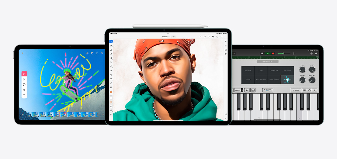 جهاز iPad واثنان من أجهزة iPad Air تعرض تطبيقات FlipaClip، وAdobe Fresco، وكراج باند.