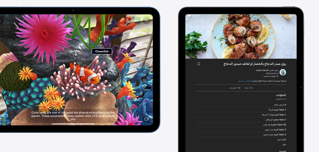 جهاز iPad وجهاز iPad Air يعرضان تطبيقي Jigspace وKitchen Stories.