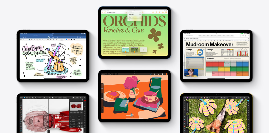 A collection of six different iPads showcasing different apps including Goodnotes 6, Affinity Designer 2, Microsoft Word, Procreate, Microsoft Excel, and Affinity Photo 2.