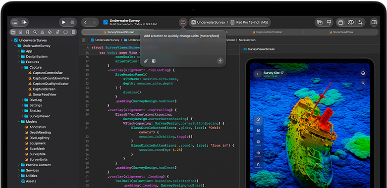 شاشة MacBook Pro تعرض تكامل مساعد ذكاء اصطناعي في Xcode