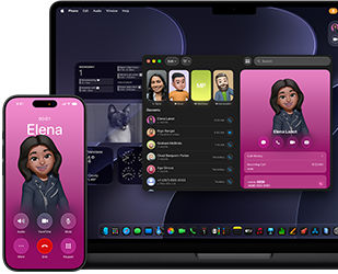 جهاز MacBook Pro وجهاز iPhone، تطبيق الهاتف مفتوح، جهة الاتصال نفسها معروضة على الشاشتين
