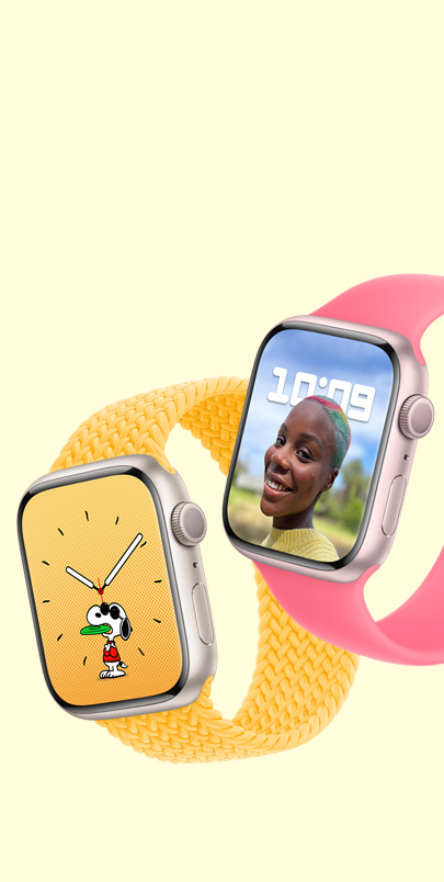 Two Apple Watch Series 9. The first has a Snoopy watch face and a Sunshine Braided Solo Loop. The second has a Portraits watch face and a Pink Solo Loop.