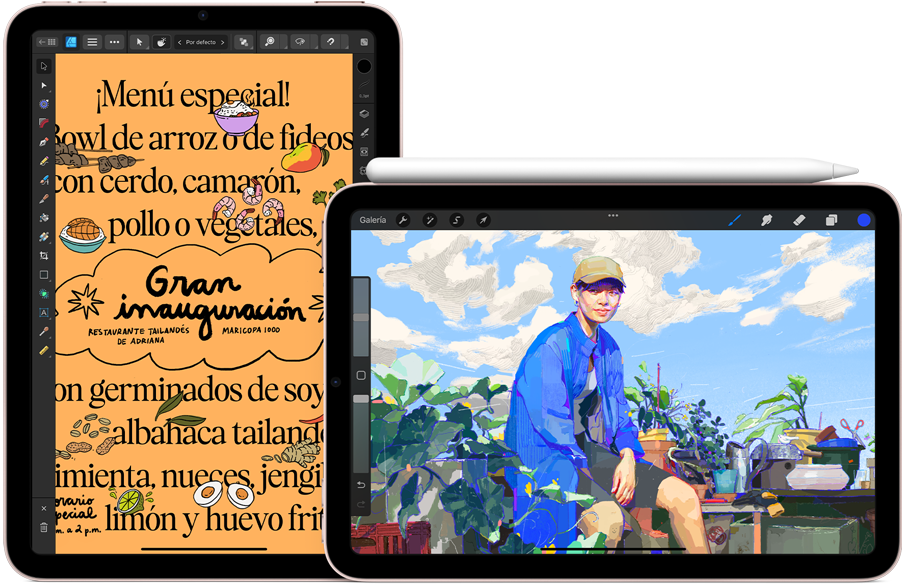 iPad mini on left, portrait orientation, showing a graphic of a dinner menu. To the right, iPad mini, landscape orientation showing an illustration with Apple Pencil 2nd generation attached to the top.