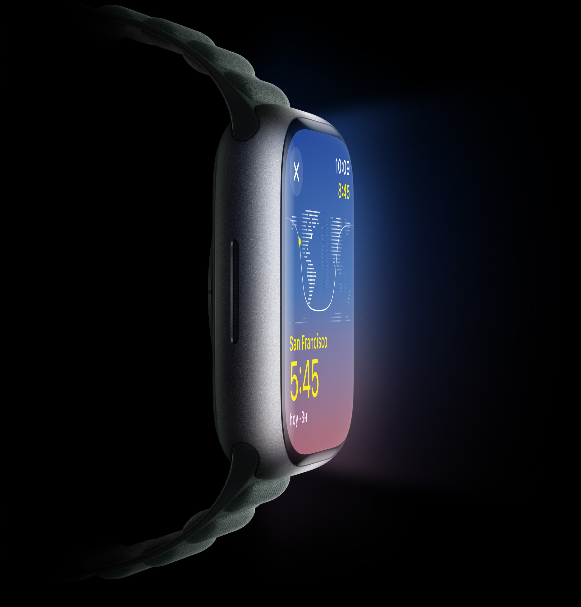 Vista lateral de un Apple Watch que muestra todo su brillo.