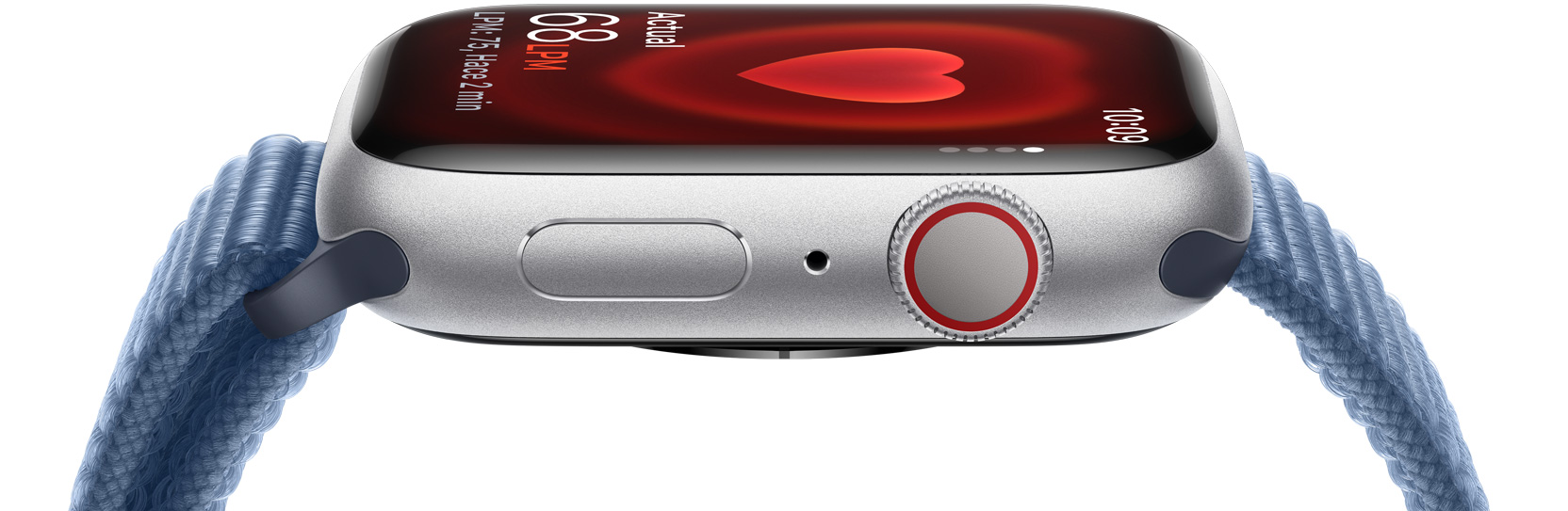 Vista lateral de un Apple Watch que muestra la frecuencia cardiaca de una persona. 