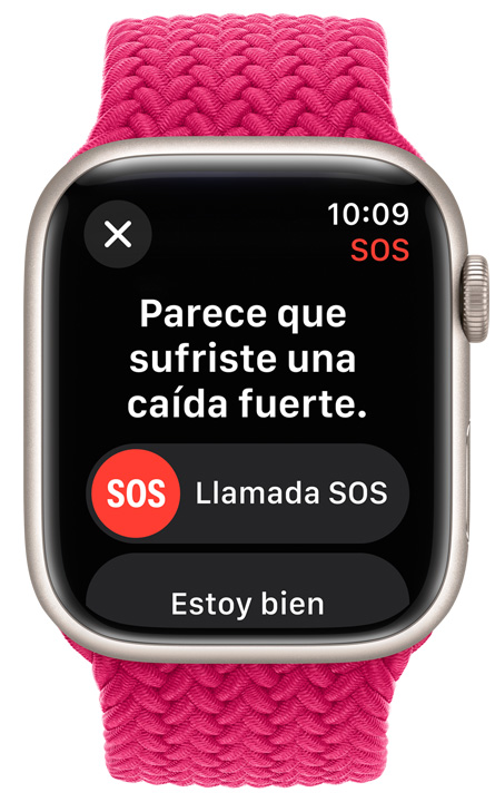 Vista frontal de un Apple Watch con la funcionalidad Emergencia SOS activada.
