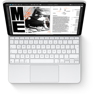 Top down view of iPad Pro with Magic Keyboard for iPad Pro in white.