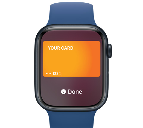 Vedere frontală a unui Apple Watch. O persoană face o plată prin Apple Pay.
