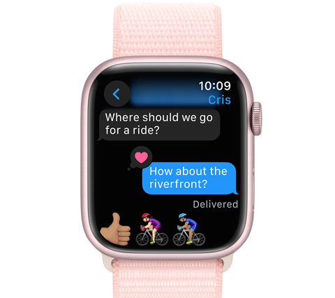 Vedere frontală a unui Apple Watch cu un mesaj text.
