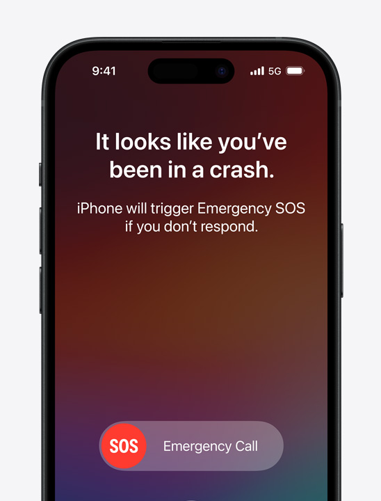 Three iPhone models displaying three different interactions for Emergency SOS via satellite, Crash Detection and Roadside Assistance via satellite.