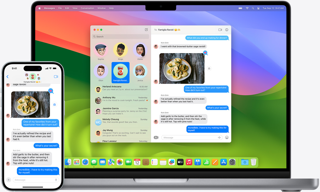 iPhone a MackBook zobrazujúce tú istú konverzáciu v apke iMessage.