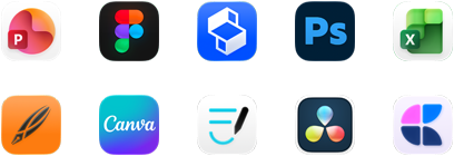 İki sıra halinde dizilmiş on adet uygulama simgesi: PowerPoint, Figma, Shapr3D, Photoshop, Excel, Linearity, Canva, GoodNotes, DaVinci Resolve, Craft