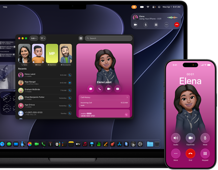 MacBook Pro ve iPhone, Telefon uygulaması açık, her iki ekranda aynı kişi gösteriliyor