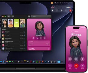 MacBook Pro ve iPhone, Telefon uygulaması açık, her iki ekranda aynı kişi gösteriliyor