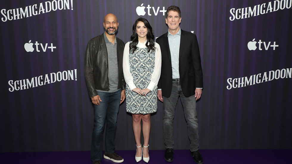 Keegan-Michael Key, Cecily Strong and Cinco Paul attend the photo call for season two of the Apple TV+ widely acclaimed comedy “Schmigadoon!” at the Park Lane Hotel