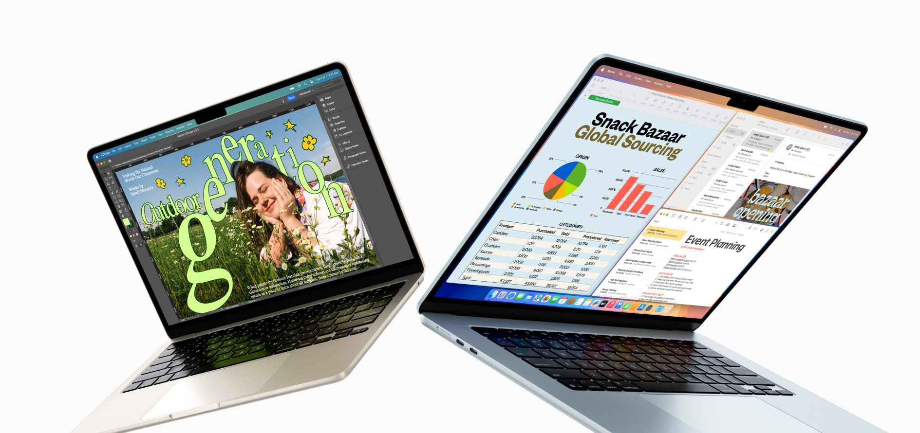 半開的 13 吋與 15 吋 MacBook Air,其中一個螢幕展示進行中的設計作品,另一個螢幕展示在電子郵件和試算表之間進行多工處理