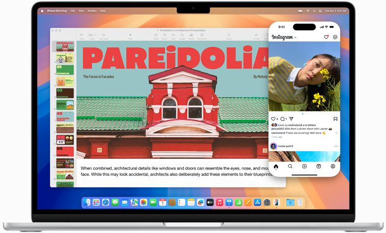 展示 iPhone 鏡像輸出功能,iPhone 螢幕顯示在 MacBook Air 的螢幕上